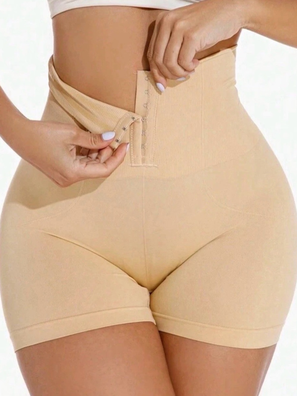 High-Waisted Nude Shapewear Shorts Firm Compression Hook & Eye Beige XL